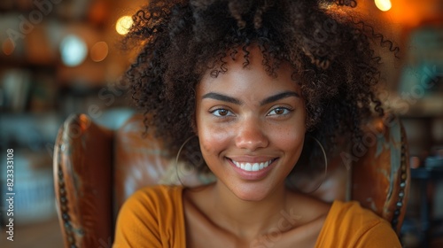 Captivating young woman with curly hair and a bright smile in a cozy cafe setting photo