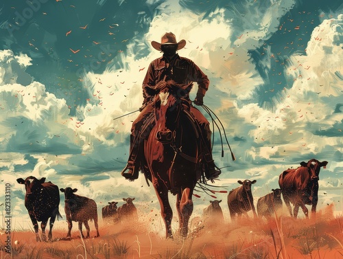 Silhouette of a cowboy riding a horse with cattle under a vast, cloudy sky in a western landscape, capturing the essence of rural life.