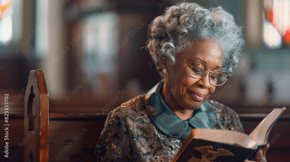 Woman in church reading the bible. Woman in church reading the bible.
