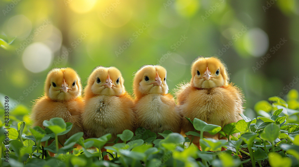 Group of funny cute yellow chickens 