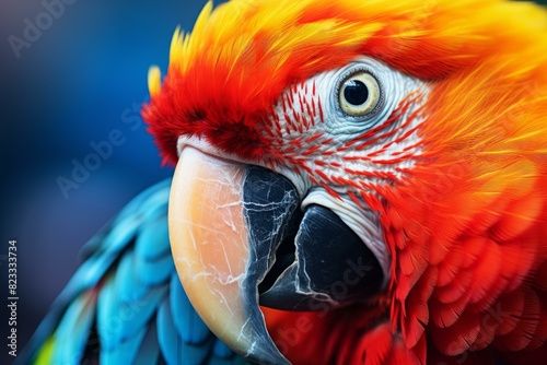 Intense close-up photo of a scarlet macaw, showcasing its vivid red and blue feathers and detailed eye photo