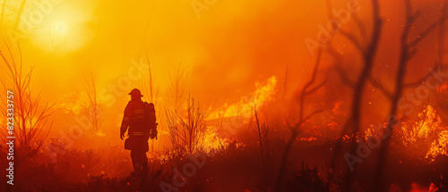 A lone firefighter battles a fierce wildfire amidst a smoky sunset.
