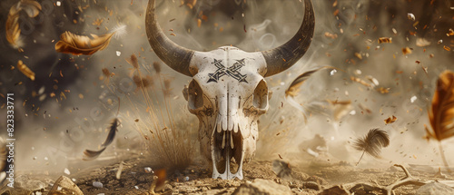Mystical bull skull in a dynamic whirl of elements and symbolism. photo