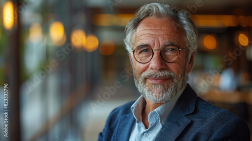 Engaging senior man with friendly expression and smart jacket in a well-lit space