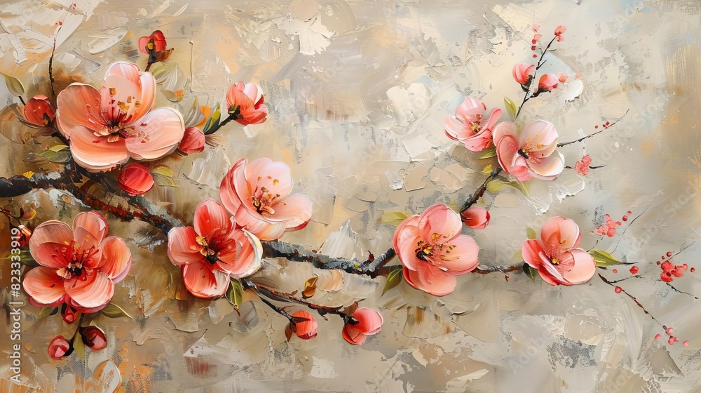 Abstract oil painting of peach blossoms, floral background with blooming flowers on a beige wall Spring flower wallpaper for interior design in a living room, 2K resolution