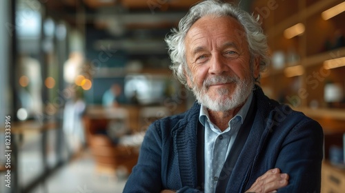 A content elderly man with a beard smiling and crossing his arms in a blurry indoor background, possibly an office or cafe photo