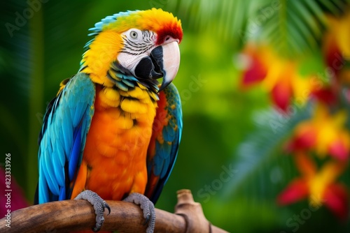 Close-up of a colorful macaw with a lush green background