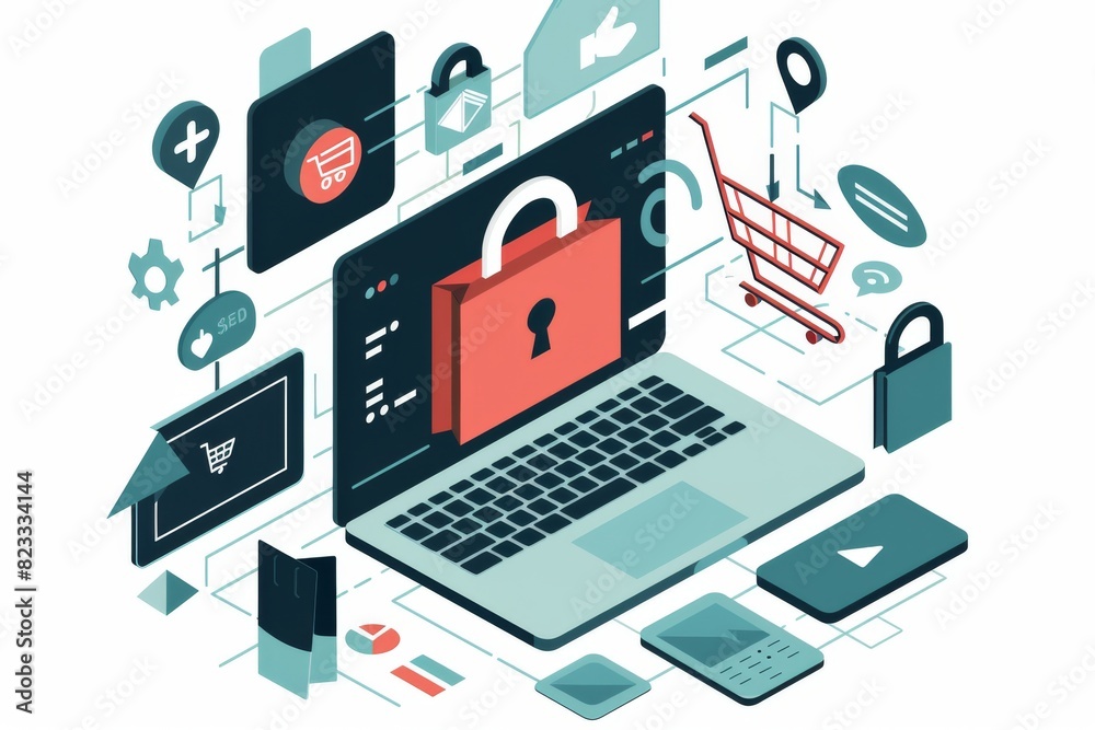 Creative Illustration of E commerce Security with Digital Locks, Shopping Icons, and Technology Elements in a Modern Style Creative Illustration of E commerce Security with Digital Locks, Shopping Icons, and Technology Elements in a Modern Style