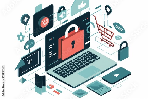 Creative Illustration of E commerce Security with Digital Locks, Shopping Icons, and Technology Elements in a Modern Style © Leo