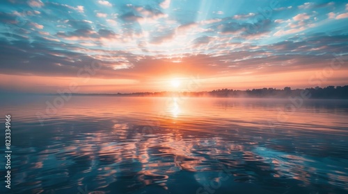 A serene photo of a sunrise over a calm lake  representing new beginnings and hope.