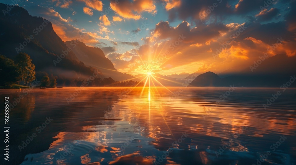A serene photo of a sunrise over a calm lake, representing new beginnings and hope.