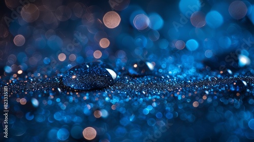 Close-up shot of glittering water droplets on a blue, bokeh light-dotted surface