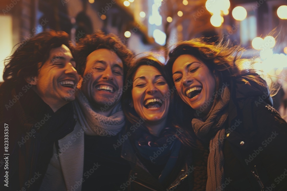 Group of friends laughing and having fun in the city at night. Group of friends laughing and having fun in the city at night.