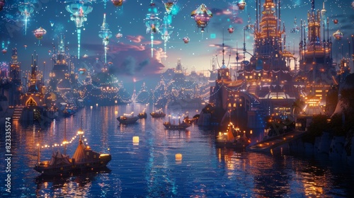 Enchanting night scenes of floating cities illuminated by thousands of glowing lanterns on the water