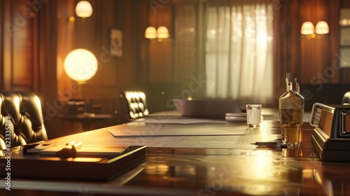 The interior of a luxury study with a large desk and leather chairs.