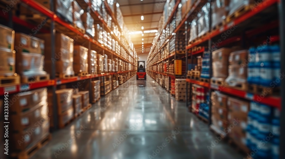 A blurred figure stands at the end of an aisle between tall shelves stacked with goods in a warehouse