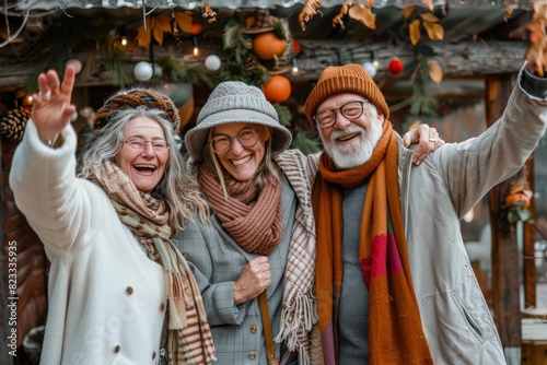 Elderly friends having fun at the Christmas market. They are wearing warm clothes and hats.