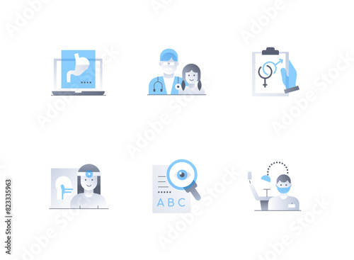 Medicine and doctors - flat design style icons set. High quality images of stomach x-ray, pediatrician and patient, gynecology, otolaryngologist, vision test, dentist with treatment chair, patient