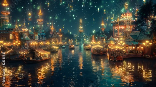 Enchanting night scenes of floating cities illuminated by thousands of glowing lanterns on the water