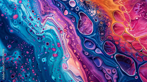 Fluid forms made of acrylic pouring with bright colours, iridescent background. Generative AI