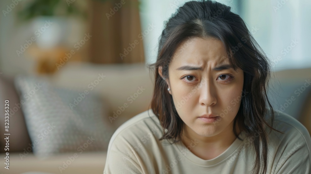 A woman with a concerned expression sits on a couch A woman with a concerned expression sits on a couch