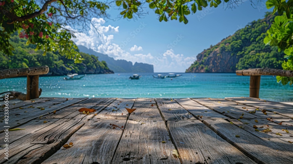 Tranquil scene of a tropical beach seen from a wooden platform with foliage and clear blue waters
