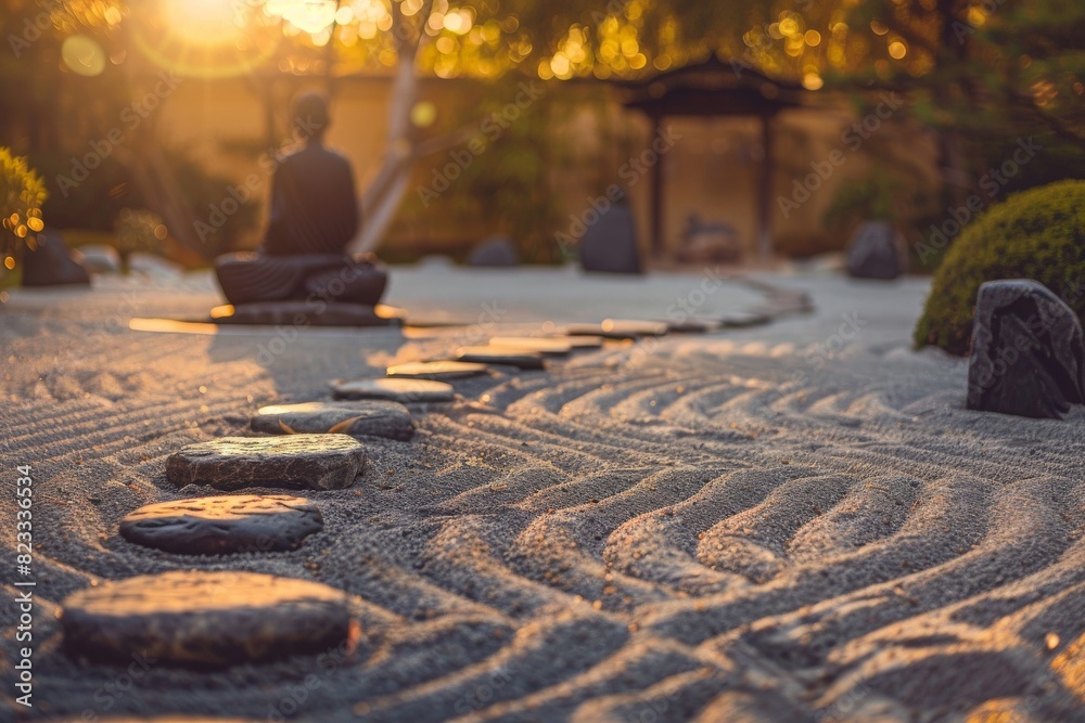 Meditation in a zen garden, soft morning light, tranquil and serene 
