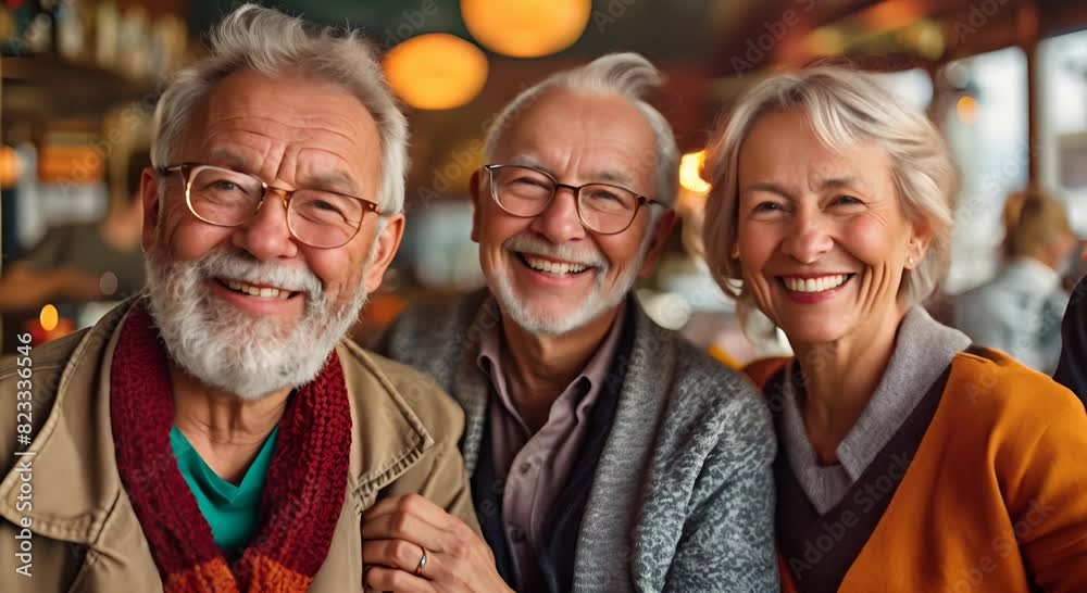 A happy team of people in their 60s in a random scene