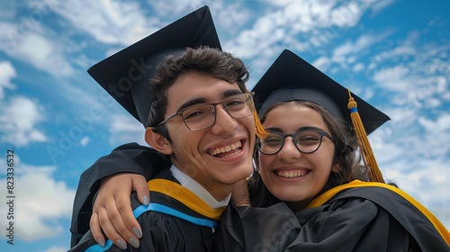 Two graduates embracing with big smiles photo