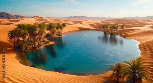 A desert oasis where ancient texts lie buried beneath the sands, waiting to be unearthed by intrepid explorers photo
