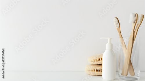 Zero waste  sustainable bathroom and lifestyle. Bamboo toothbrush  loofah sponge  homemade DIY beauty products in reusable bottles on a white background.