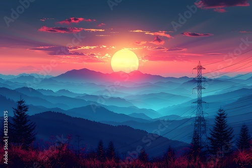 Vibrant Sunset Over Mountain Range with Silhouetted Transmission Tower - Scenic Landscape for Posters and Wall Art