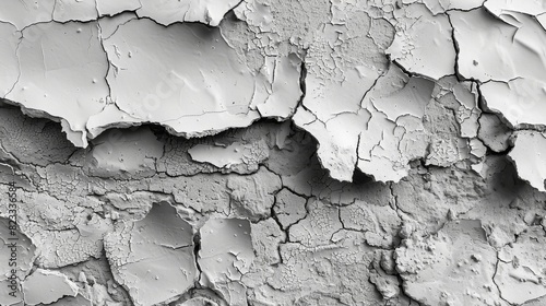 A close-up image depicting a deteriorating concrete wall with a cracked and peeling white paint layer