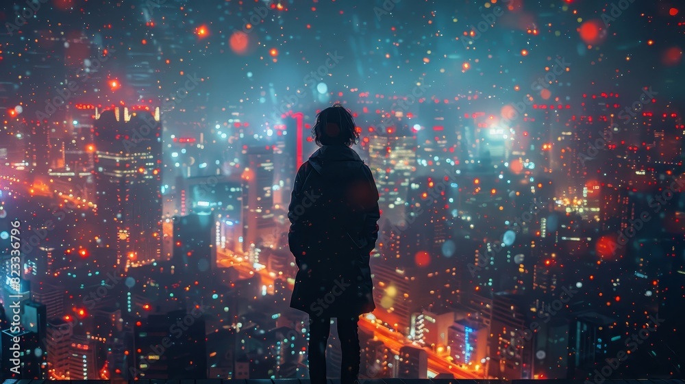 Person Standing in Front of Night Cityscape