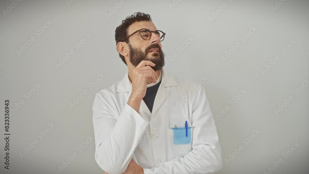 Thoughtful middle-aged scientist, hand on chin, wondering about a confusing idea in his serious, pensive expression, isolated on white background. Thoughtful middle-aged scientist, hand on chin, wondering about a confusing idea in his serious, pensive expression, isolated on white background.