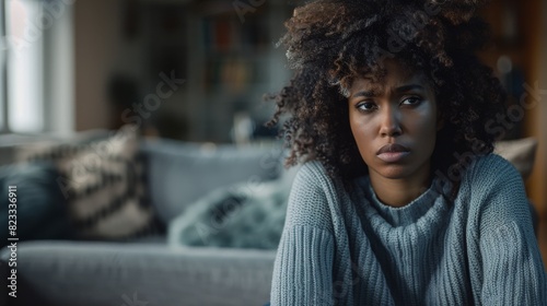 A woman with a black afro sitting on a couch in a living room looking sad and depressed © Leli