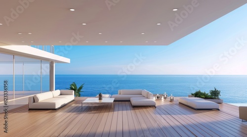 A large wooden terrace with white sofas overlooking the sea, blue sky and calm ocean © Chand Abdurrafy