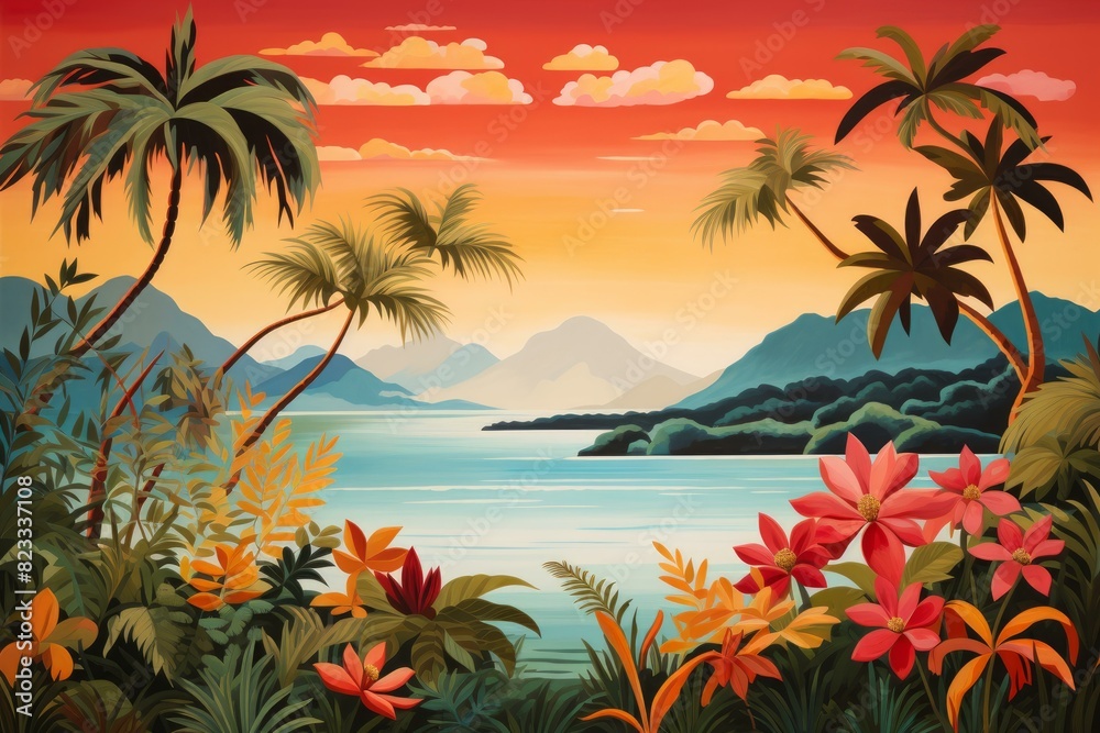 Illustration of a serene tropical landscape with palm trees, flowers, and mountains at sunset