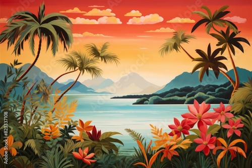 Illustration of a serene tropical landscape with palm trees  flowers  and mountains at sunset