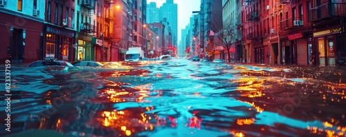 Urban flooding, submerged streets, heavy rainfall, vibrant colors, climate change consequences, high resolution, photo