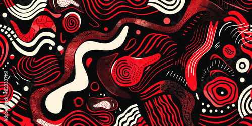 A close up of a red and black abstract painting with a black background