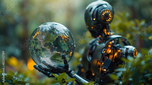 A futuristic robot with human-like hands gently holds a globe showing America amidst lush green leaves, symbolizing technology and nature coexisting