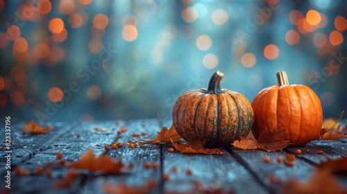 Two vibrant orange pumpkins resting on a worn wooden table surrounded by fall leaves, with a dreamy bokeh background symbolizing harvest season photo