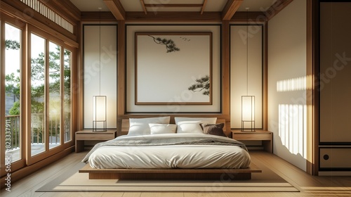 Frame mockup, modern oriental hanok style bedroom interior