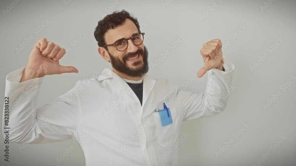 Handsome middle-aged scientist beaming with pride, confidently pointing at self in white uniform, against isolated white background. cheerful man emanates success, happily showing off his achievement. Handsome middle-aged scientist beaming with pride, confidently pointing at self in white uniform, against isolated white background. cheerful man emanates success, happily showing off his achievement.