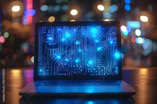 Laptop with Digital Circuit Board on Screen, Blue Glow © MD