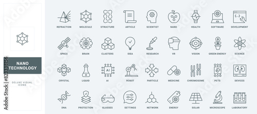 laboratory research of chromosomes and molecular structure, chemical liquid and brain, chemistry lab innovation thin black and red outline symbols, vector illustration. Nanotechnology line icons set