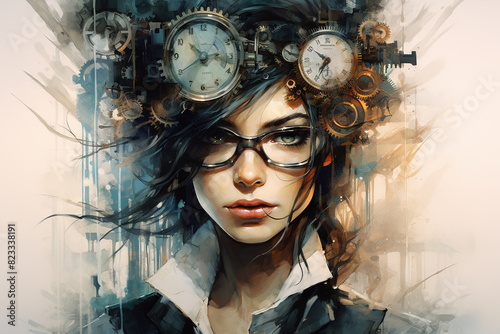 Steampunk style painted portrait of a beautiful young woman wearing a hat with clocks