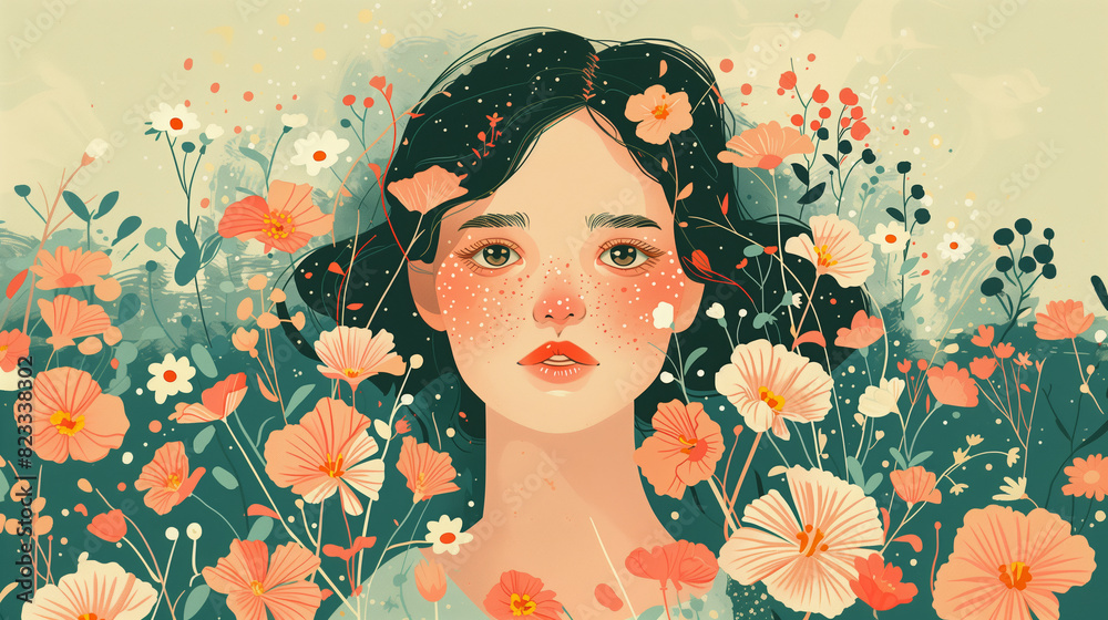 Art of a girl and flowers. A beautiful digital illustration of a girl surrounded by flowers on a beige background. Art of a girl and flowers. A beautiful digital illustration of a girl surrounded by flowers on a beige background.