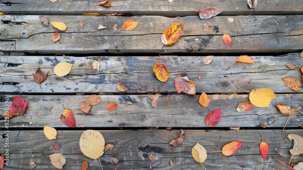 Fototapeta premium A rustic wooden table with scattered autumn leaves